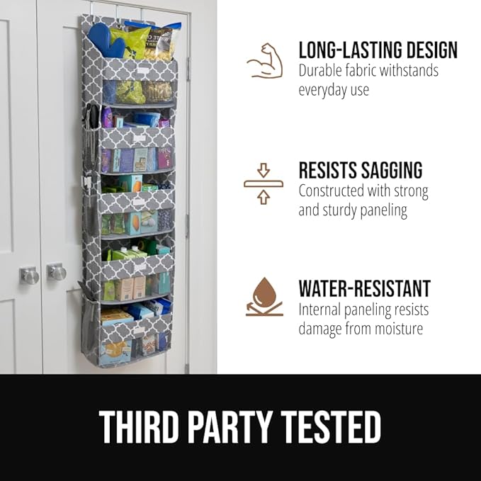 GORILLA GRIP Over The Door Organizer Storage, 5 Deep Hanging Shelves, Holds 50lbs, Closet Organizers Shelf for Bedroom, Bathroom, Nursery, Dorm Essentials, 3 Metal Hooks, 58x15 Inches, Quatrefoil