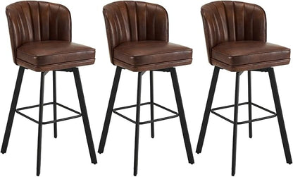 Swivel Counter Height Bar Stools Set of 3, 30'' Modern Barstools with Backs and Metal Legs, Upholstered Bar Chairs, Faux Leather Brown Stools for Kitchen Island Chairs