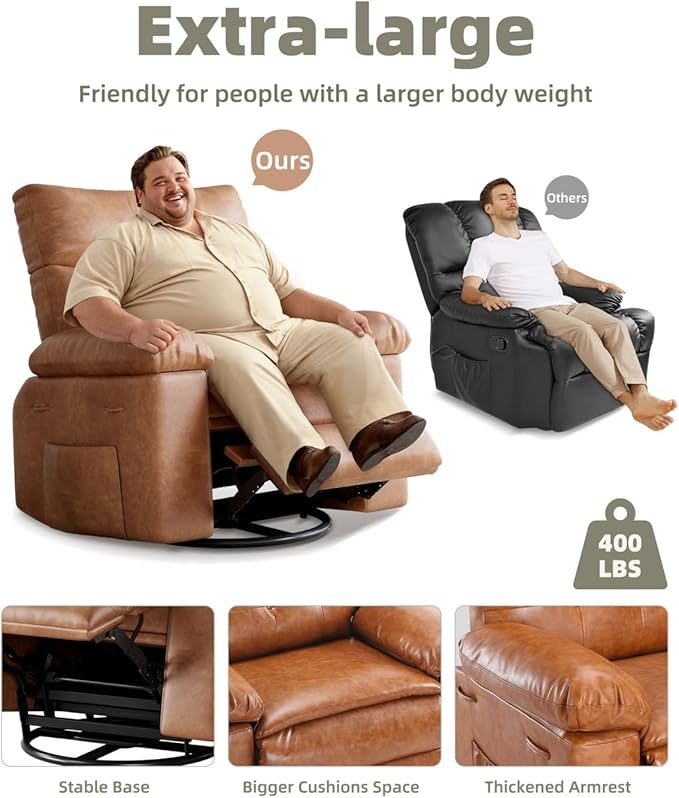 GarveeHome Oversized 27" Recliner Chairs, Classic Manual Leather Recliner, Home Theater Seating with Lumbar & Arms Support for Living Room, Bedroom and Nursery - Coffee