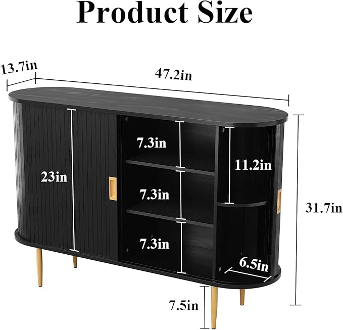 ARTPOWER 47.2" Sideboard Buffet Cabinet with Tambour Door, 6 Heights Adjustable Shelves, Accent Console Cabinet with Storage, Modern Credenza for Living Room, Dining Room, Entryway, Black