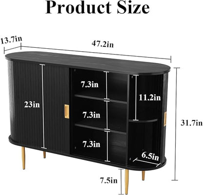 ARTPOWER 47.2" Sideboard Buffet Cabinet with Tambour Door, 6 Heights Adjustable Shelves, Accent Console Cabinet with Storage, Modern Credenza for Living Room, Dining Room, Entryway, Black