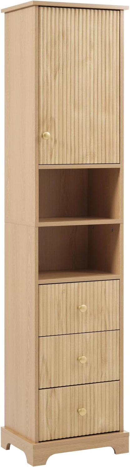 Tall Freestanding Storage Cabinet with One Door & 3 Drawers, Multi-Purpose Organizer with Open Storage and Adjustable Shelf for Bathroom, Office, Living Room, Wood