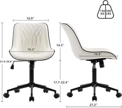 YOUNIKE White Ergonomic Home Office Desk Chair No Arms Comfy Small Criss Cross Chair with Wheels Swivel Adjustable Modern Vanity Chair with Back Armless Cute Leather Upholstered Rolling Task Chair