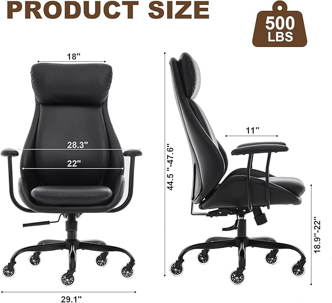 Home Office Desk Chair, PU Casters Ergonomic Computer Chair with Lumbar Support, Adjustable Height, 360°Rolling Swivel Chair, High Back Executive Task, Padded Armrests Chair, Black Leather