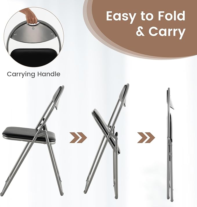 S AFSTAR Folding Chairs Set of 6, 6 Pack Metal Folding Chairs with Padded Seat, 6-Piece Black Foldable Chairs for Reception Waiting Meeting Room Office Lobby Church, Free Assembly, 254 LBS Capacity