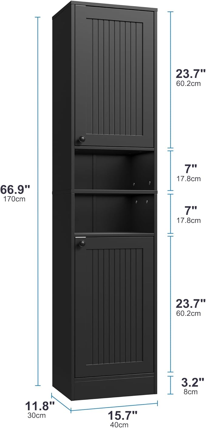 Farmhouse Bathroom Cabinet with 2 Doors, 67" Tall Slim Freestanding Cabinet, Narrow Floor Storage Unit with Open Shelf and Adjustable Shelves for Bathroom, Living Room, Kitchen, Black
