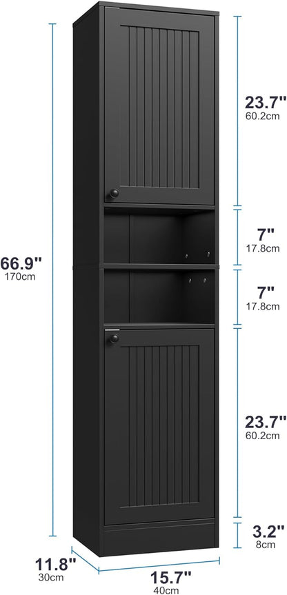 Farmhouse Bathroom Cabinet with 2 Doors, 67" Tall Slim Freestanding Cabinet, Narrow Floor Storage Unit with Open Shelf and Adjustable Shelves for Bathroom, Living Room, Kitchen, Black
