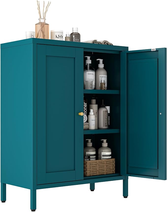 Metal Bathroom Cabinet, Small Floor Storage Cabinet, Freestanding Sideboard with 2 Adjustable Shelves for Living Room, Dinging Room (Blue, 31.5" H-2 Doors)
