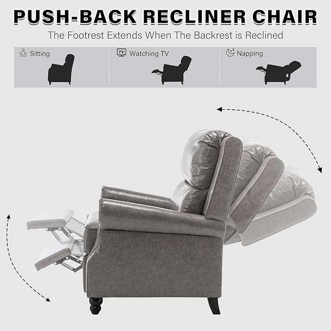 UIXE Faux Leather Recliner Chair, Pushback Armchair Overstuffed Accent Chair for Living Room, Rivet Trim Club Chair Home Theater Single Sofa Bedroom Side Reading Seat - Gray