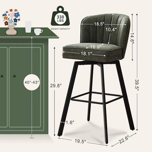 Swivel Counter Height Bar Stools Set of 2, 30'' Modern Barstools with Backs and Metal Legs, Upholstered Bar Chairs, Faux Leather Green Stools for Kitchen Island Chairs