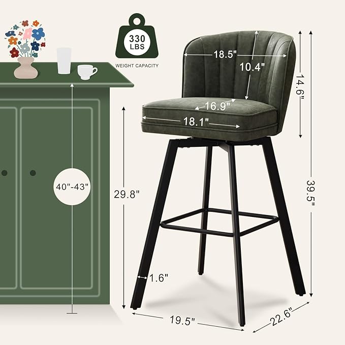 Swivel Counter Height Bar Stools Set of 4, 30'' Modern Barstools with Backs and Metal Legs, Upholstered Bar Chairs, Faux Leather Green Stools for Kitchen Island Chairs