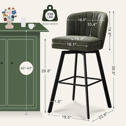 Swivel Counter Height Bar Stools Set of 4, 30'' Modern Barstools with Backs and Metal Legs, Upholstered Bar Chairs, Faux Leather Green Stools for Kitchen Island Chairs