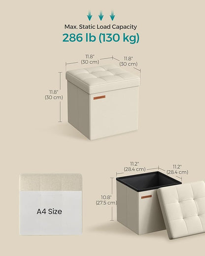 SONGMICS Storage Ottoman, Foldable Small Ottoman Foot Rest, 11.8 Inches Foot Stool, Cube Ottoman with Storage, Load up to 286 lb, for Living Room, Bedroom, Dorm, Cream White ULSF028W01