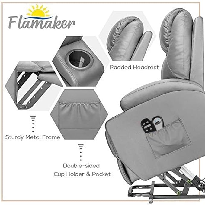 Flamaker Power Lift Recliner Chair Electric Lift Recliner for Elderly Power Lift Recliner Chair with Cup Holders Side Pockets for Living Room (Leathaire, Brown)