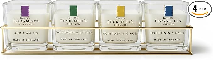 Pecksniff’s Candle Gift Set – Premium Single Wick Candles in Metal Caddy, Handcrafted in England, 4 Scents, 70g Each (Set of 4) – Iced Tea & Fig, Oudwood Vetiver, Honeydew Ginger, Fresh Linen Daisy