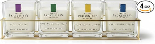 Pecksniff’s Candle Gift Set – Premium Single Wick Candles in Metal Caddy, Handcrafted in England, 4 Scents, 70g Each (Set of 4) – Iced Tea & Fig, Oudwood Vetiver, Honeydew Ginger, Fresh Linen Daisy