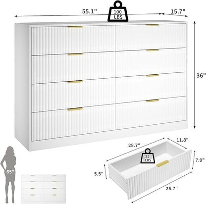 White Fluted Dresser Bedroom with 8 Drawer,55” Wide White Double Drawer Dresser Modern Chest of Drawers with Gold Handles,Wood TV Stand for Bedroom,Living Room