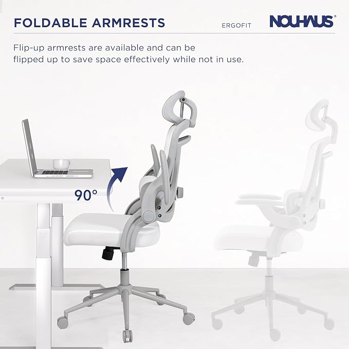 Nouhaus Ergo Fit Ergonomic Mesh Office Chair High Back Adjustable Lumbar Support Headrest and Adjustable Flip-up Armrests, Comfy Desk Chairs Swivel Computer Gaming Chair Tilt Function(N20, White)