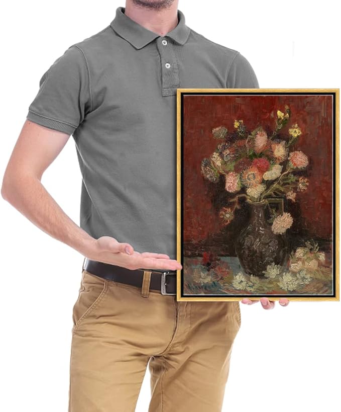 Wieco Art Framed Art Vase with Chinese Asters and Gladioli by Van Gogh Famous Oil Paintings Reproduction Abstract Canvas Prints for Home Decorations Bronze Gold Frame