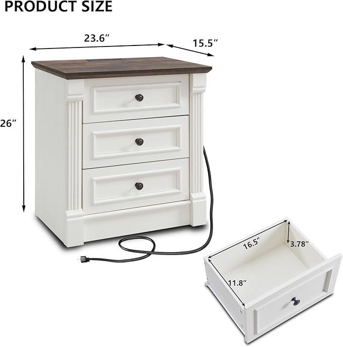 26" Tall Nightstand with Charging Station, Farmhouse 23.6" Wide Large End Table w/Roman Column, Wood Rustic Side Table w/Metal Handle, 3 Drawers Dresser for Bedroom, Living Room, White