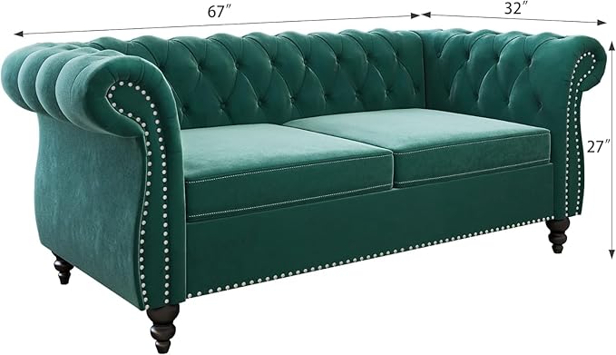 Chesterfield Loveseat Sofa, Modern Velvet Small Sofa Couch 2 Seater with Rolled Arms and Nailhead, Mid Century Modern Loveseat Couch for Small Spaces Living Room Bedroom Apartment, Green