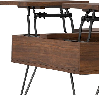 SIMPLIHOME Hunter Lift Top Coffee Table - 32 inch Wide Solid Walnut Veneer and Metal Industrial Square Cocktail Table, Living Room Table with Dual Lift Tops, Hidden Storage and Hairpin Legs
