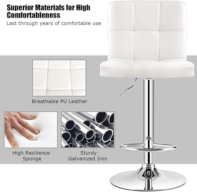 COSTWAY Bar Stool, Modern Swivel Adjustable Height PU Leather Barstools with Back, Square Armless Counter Height Bar Chair for Kitchen Island Dining Living Bistro Pub Counter, White