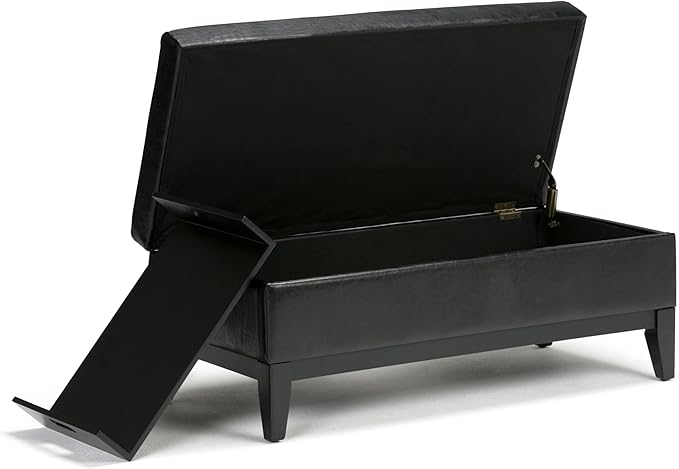 SIMPLIHOME Oregon 42 inch Wide Contemporary Rectangle Storage Ottoman Bench with Tray in Midnight Black Vegan Faux Leather, Assembled, For the Living Room, Entryway and Family Room