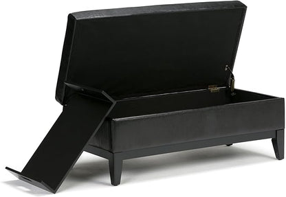 SIMPLIHOME Oregon 42 inch Wide Contemporary Rectangle Storage Ottoman Bench with Tray in Midnight Black Vegan Faux Leather, Assembled, For the Living Room, Entryway and Family Room