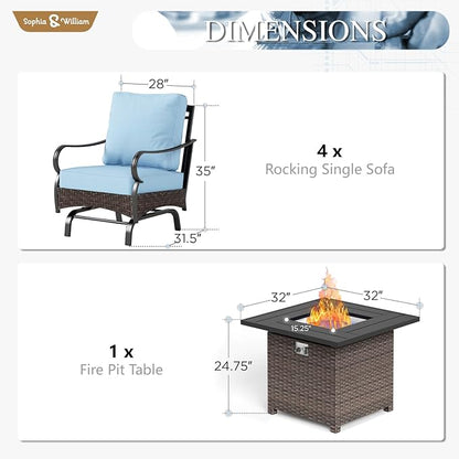 Sophia & William Patio Furniture Set with Fire Pit Table, 5 PCS Metal Outdoor Conversation Set Sofa Couch with Fire Pit Table, 4 Sofa Chairs for Outdoor Seating,Backyard,Porch(Blue)
