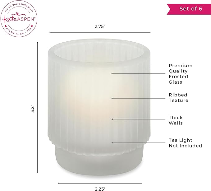 Kate Aspen Vintage Fluted Frosted Glass Tealight Votive Candle Holders (Set of 6), Rustic Decor, Boho Decorations, Shelf Decoration, Classic Look | Perfect Hostess Gift | (Pack of 6)