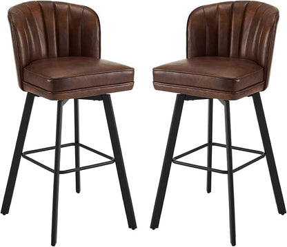 Swivel Counter Height Bar Stools Set of 2, 30'' Modern Barstools with Backs and Metal Legs, Upholstered Bar Chairs, Faux Leather Brown Stools for Kitchen Island Chairs