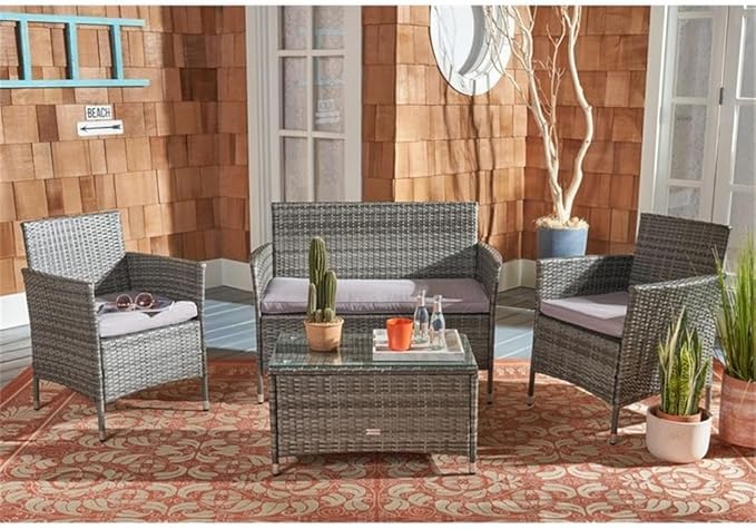 SAFAVIEH PAT7506B Collection Bandele Grey 4-Piece Outdoor Living Patio Set