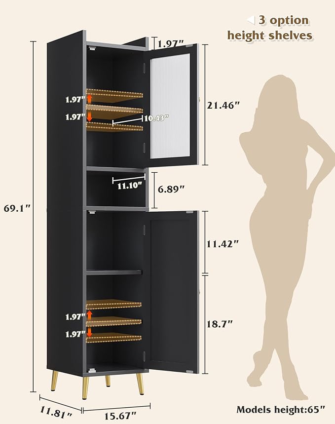 Bathroom Storage Cabinet, Slim Bathroom Storage Cabinet with 6 Shelves & 2 Doors, Linen Cabinet for Bathroom, Kitchen, Laundry Room, Black