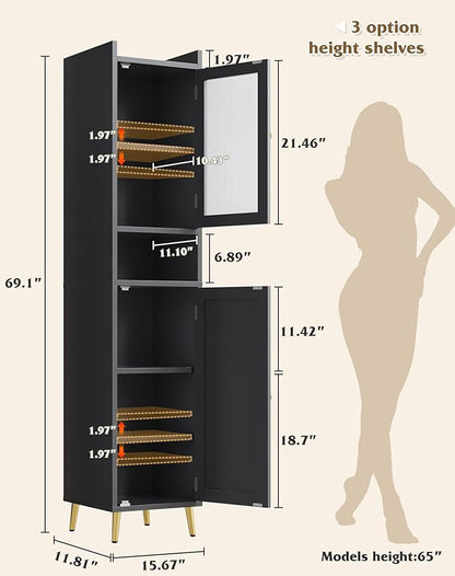 Bathroom Storage Cabinet, Slim Bathroom Storage Cabinet with 6 Shelves & 2 Doors, Linen Cabinet for Bathroom, Kitchen, Laundry Room, Black