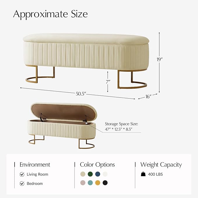 EcoHarbor Living 50.5" Storage Bench Hallway Ottoman,Upholstered End of Bed Bench Velvet with Gold Legs,Flipping Lid Entryway Footrest