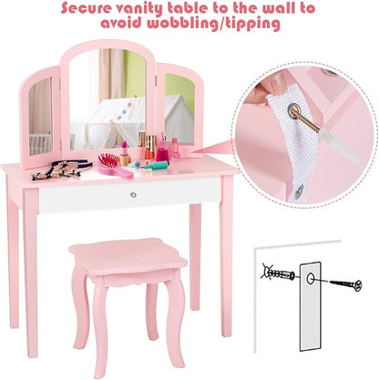 Costzon Kids Vanity, Girls Vanity Set with Tri-Folding Mirror, Stool, Storage Drawer, Princess Toddler Makeup Vanity Desk Dressing Table, Wooden Kids Vanity Table and Chair Set (Pink)