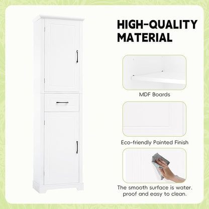 Bathroom Tall Storage Cabinet, Floor Freestanding Storage Cabinet with 2 Doors, One Drawer, Door Shelve Design, and Adjustable Shelf for Bathroom, Office, Multi-Use Organizer, White