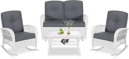 VIVIJASON 4-Piece Outdoor Patio White Wicker Conversation Sets, All Weather Outdoor Rattan Furniture Set Includes Glider Loveseat, Coffee Table, 2 Rocking Chairs with Cushions for Backyard, Grey