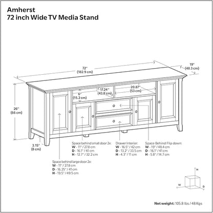SIMPLIHOME Amherst 72-inch Wide Solid Wood TV Stand in Russet Brown, Transitional-Style Media Console for Living Room with Cable Management and Adjustable Shelves, Fits 80" TVs