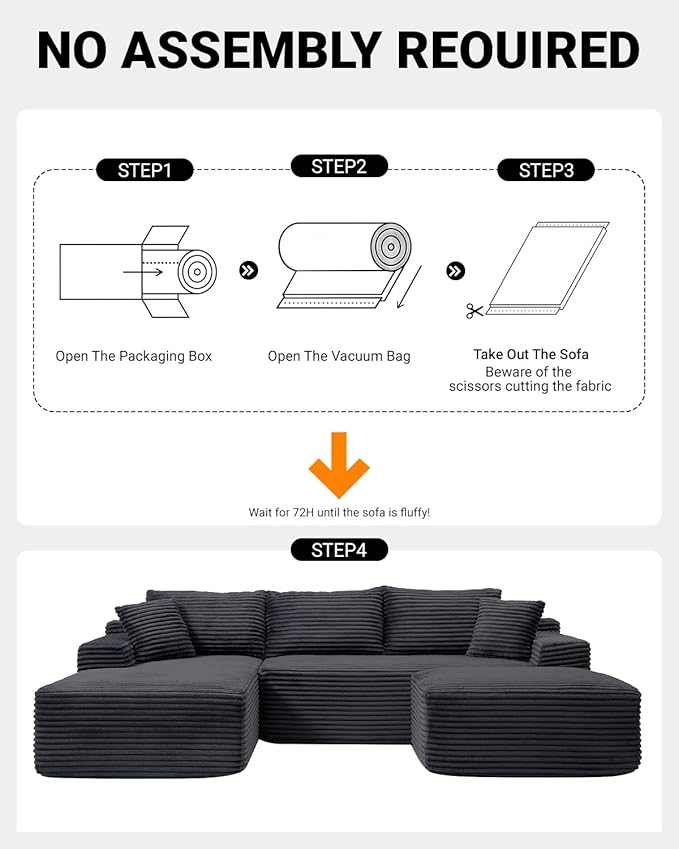 108 Inch Cloud Sectional Couch,Modern Modular Sectional Sofa with Deep Seat,Corduroy Boneless Couches with L-Shape Chaise for Living Room,No Assembly Required (Black, Left Facing Chaise + Ottoman)