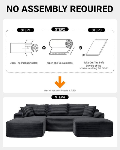 108 Inch Cloud Sectional Couch,Modern Modular Sectional Sofa with Deep Seat,Corduroy Boneless Couches with L-Shape Chaise for Living Room,No Assembly Required (Black, Left Facing Chaise + Ottoman)