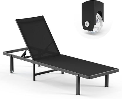 Pool Lounge Chairs, Chaise Lounge Outdoor with Wheels and 5-Position Recliner -Easy to Move- Aluminum Patio Lounge Chair for Poolside, Deck (Black)