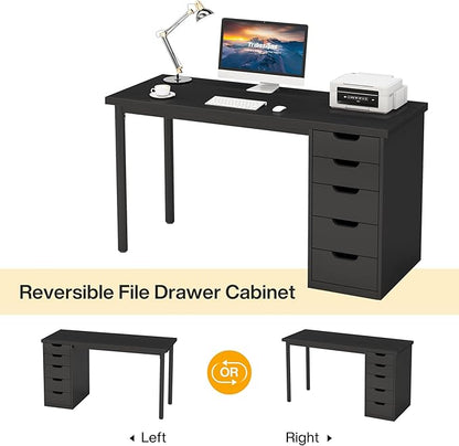 Tribesigns Computer Desk with 5 Drawers, 47 inches Rustic Brown Home Office Desk with Storage, Modern Simple Laptop Desk Study Writing Table for Small Spaces (1, Black)