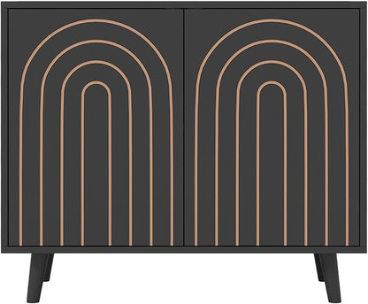 Accent Cabinet with Carving Lines, Modern Buffet Sideboard with Adjustable Shelves, Decorative Storage Cabinets for Bedroom Living Room Kitchen Office and Hallway (Black, 1)
