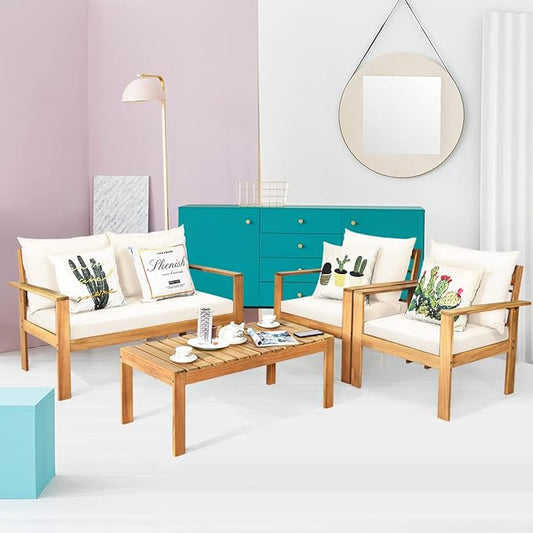 COSTWAY 4 Pieces Outdoor Acacia Wood Sofa Set, Outdoor Conversation Sofa Set with Table & Cushions Porch Chairs for Garden, Patio, Deck