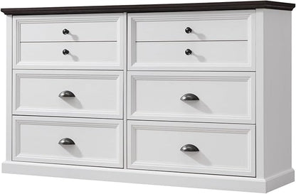 Farmhouse 6 Drawers Dresser for Bedroom, 58" Wide Dresser Chest of Drawers Organizer Storage, Wood Rustic Chest for Closet w/Two Different Drawer Sizes for Living Room, Hallway, White