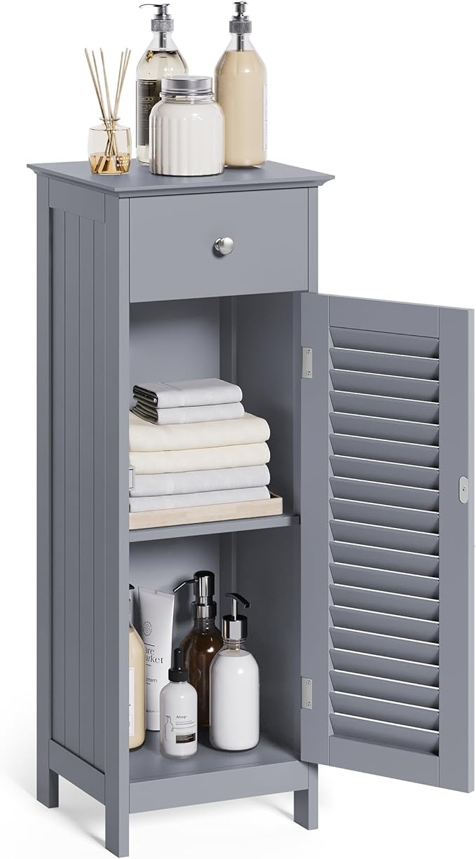VASAGLE Storage Cabinet, Small Slim Floor Cabinet with Drawer and Shutter Door, for Living Room, Bathroom, Bedroom, 11.8 x 12.6 x 34.3 Inches, Dove Gray UBBC043G02