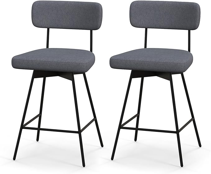 COSTWAY Bar Stools Set of 2, 25” Upholstered Counter Height Bar Stools with Back, 360° Swivel Dining Chairs with Heavy-Duty Metal Legs and Footrests, for Kitchen Island, Dining Room, Bar (2, Grey)