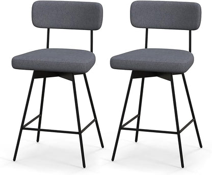 COSTWAY Bar Stools Set of 2, 25” Upholstered Counter Height Bar Stools with Back, 360° Swivel Dining Chairs with Heavy-Duty Metal Legs and Footrests, for Kitchen Island, Dining Room, Bar (2, Grey)